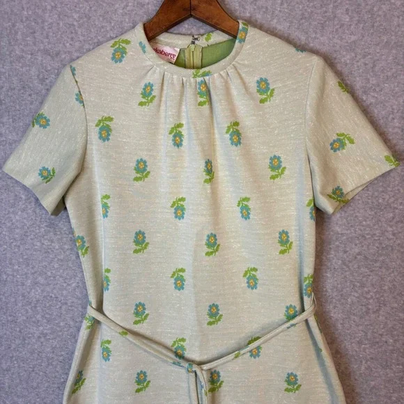 Vintage‎ Checkaberry Women's Retro Floral Mod Shift Dress Belted Short Sleeve - Picture 2 of 9